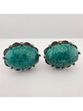 Vintage Green Stone Oval Cufflinks Silver Tone Mid Century Wedding